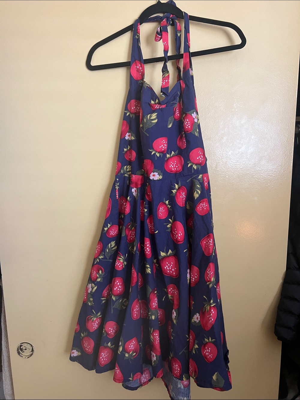 Navy Halter Dress with Red Strawberry Print